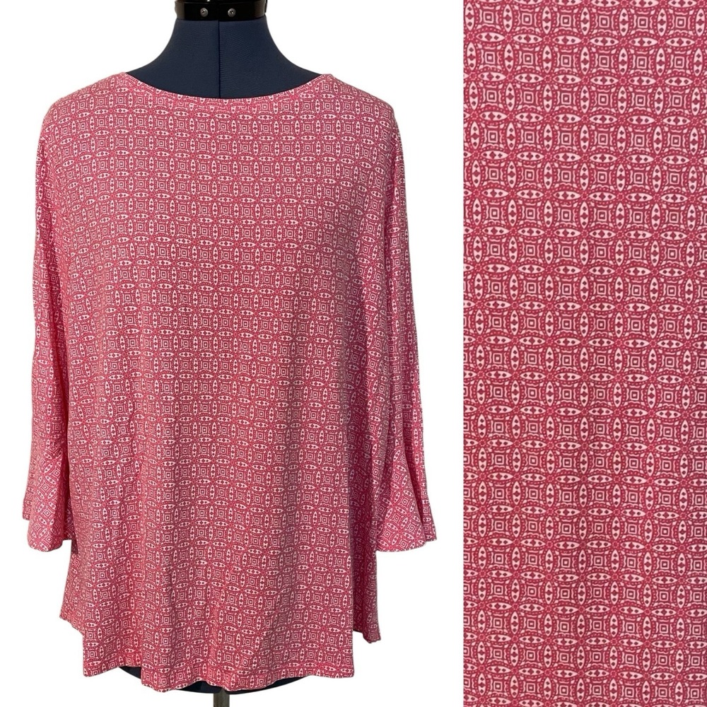 Coolibar Pink White Geo Ruffle Flare Sleeve UPF 50 Tunic Top Beach Resortwear XL